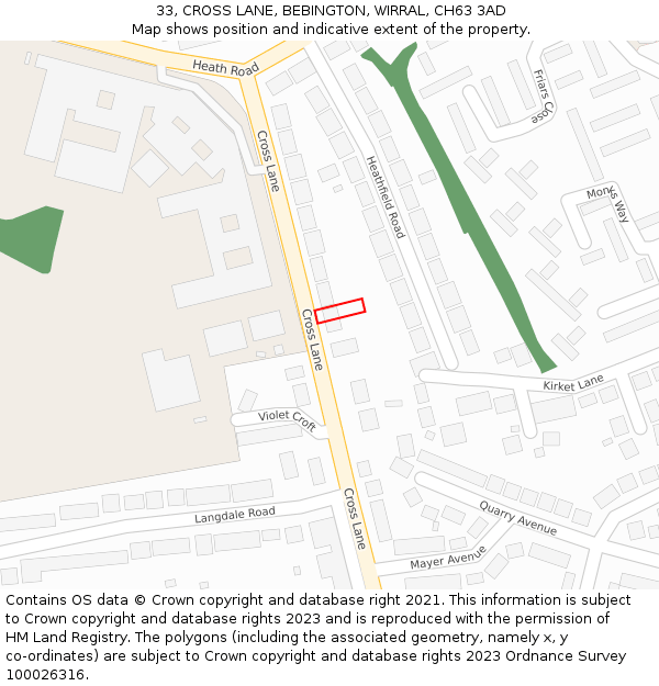 33, CROSS LANE, BEBINGTON, WIRRAL, CH63 3AD: Location map and indicative extent of plot