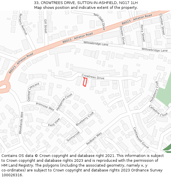 33, CROWTREES DRIVE, SUTTON-IN-ASHFIELD, NG17 1LH: Location map and indicative extent of plot
