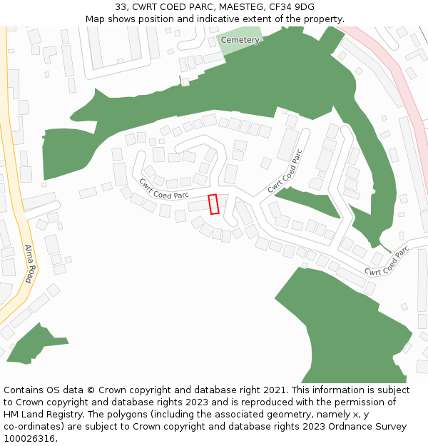 33, CWRT COED PARC, MAESTEG, CF34 9DG: Location map and indicative extent of plot