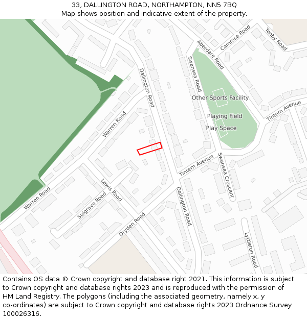 33, DALLINGTON ROAD, NORTHAMPTON, NN5 7BQ: Location map and indicative extent of plot