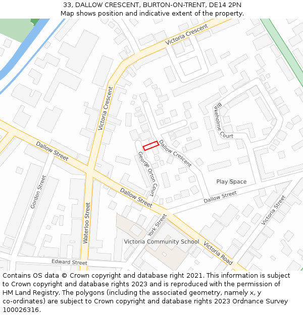 33, DALLOW CRESCENT, BURTON-ON-TRENT, DE14 2PN: Location map and indicative extent of plot