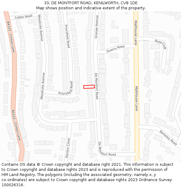 33, DE MONTFORT ROAD, KENILWORTH, CV8 1DE: Location map and indicative extent of plot