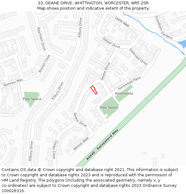 33, DEANE DRIVE, WHITTINGTON, WORCESTER, WR5 2SR: Location map and indicative extent of plot