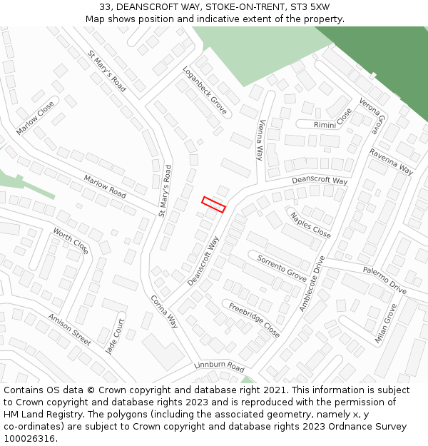 33, DEANSCROFT WAY, STOKE-ON-TRENT, ST3 5XW: Location map and indicative extent of plot