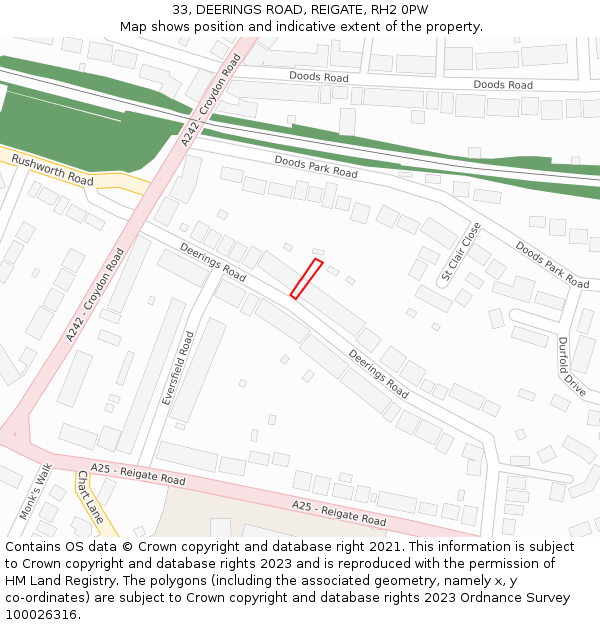 33, DEERINGS ROAD, REIGATE, RH2 0PW: Location map and indicative extent of plot