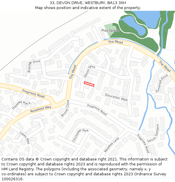 33, DEVON DRIVE, WESTBURY, BA13 3XH: Location map and indicative extent of plot