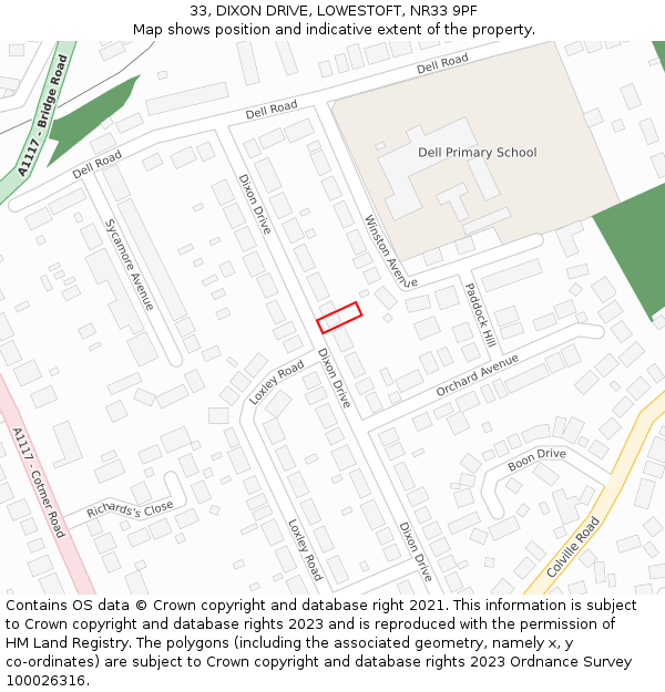 33, DIXON DRIVE, LOWESTOFT, NR33 9PF: Location map and indicative extent of plot