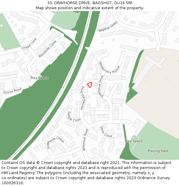 33, DRAYHORSE DRIVE, BAGSHOT, GU19 5RF: Location map and indicative extent of plot