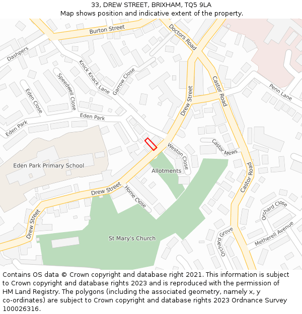 33, DREW STREET, BRIXHAM, TQ5 9LA: Location map and indicative extent of plot