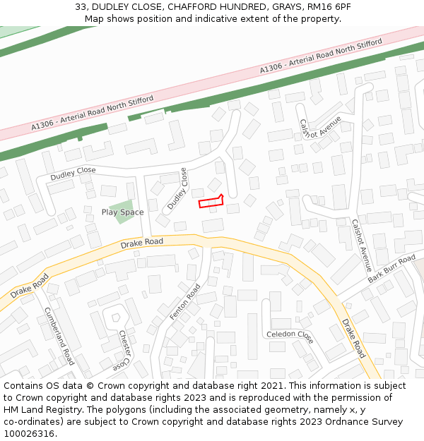 33, DUDLEY CLOSE, CHAFFORD HUNDRED, GRAYS, RM16 6PF: Location map and indicative extent of plot