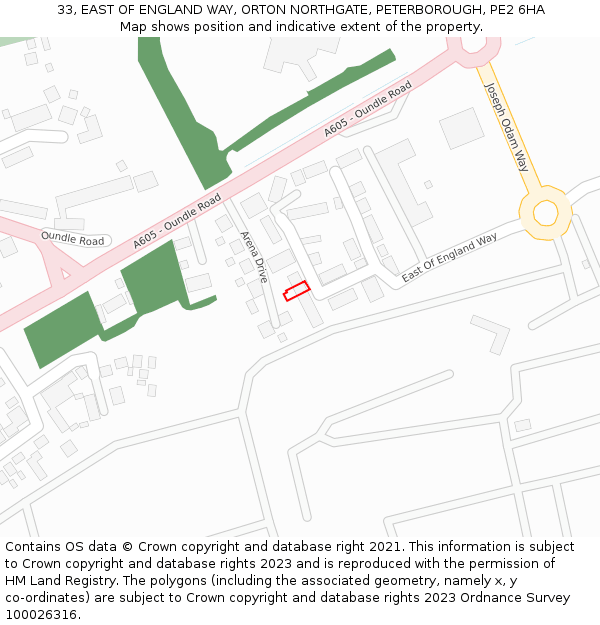 33, EAST OF ENGLAND WAY, ORTON NORTHGATE, PETERBOROUGH, PE2 6HA: Location map and indicative extent of plot