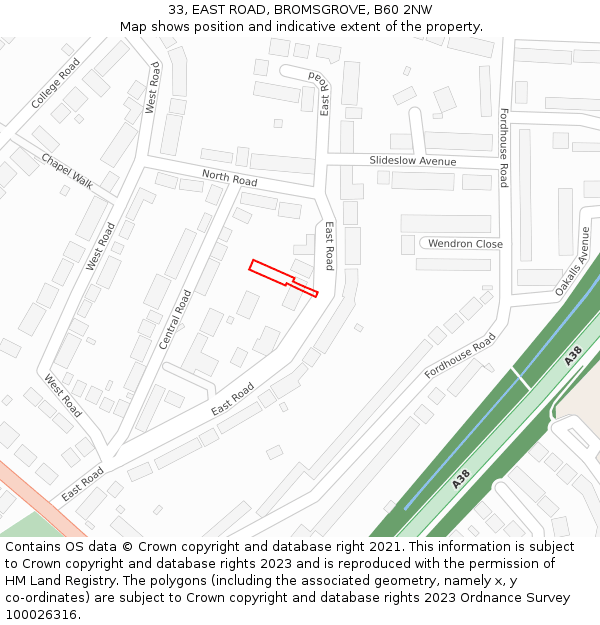 33, EAST ROAD, BROMSGROVE, B60 2NW: Location map and indicative extent of plot