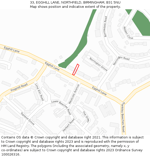 33, EGGHILL LANE, NORTHFIELD, BIRMINGHAM, B31 5NU: Location map and indicative extent of plot