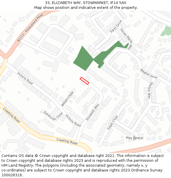 33, ELIZABETH WAY, STOWMARKET, IP14 5AX: Location map and indicative extent of plot