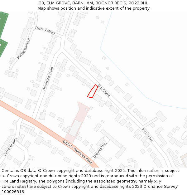 33, ELM GROVE, BARNHAM, BOGNOR REGIS, PO22 0HL: Location map and indicative extent of plot