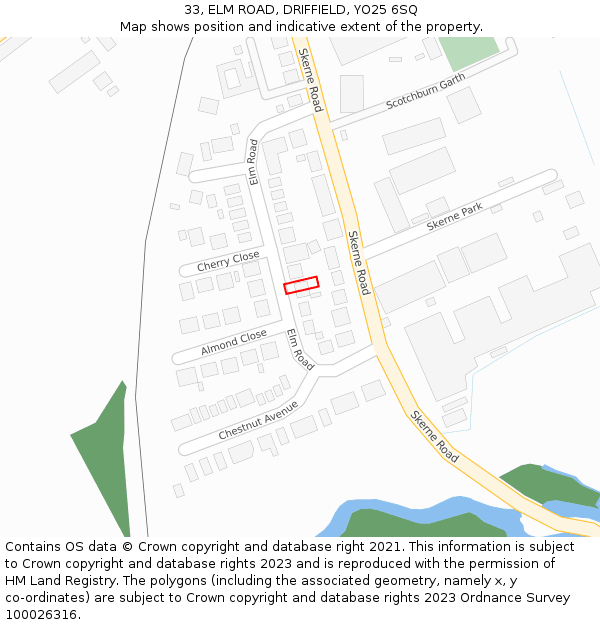 33, ELM ROAD, DRIFFIELD, YO25 6SQ: Location map and indicative extent of plot