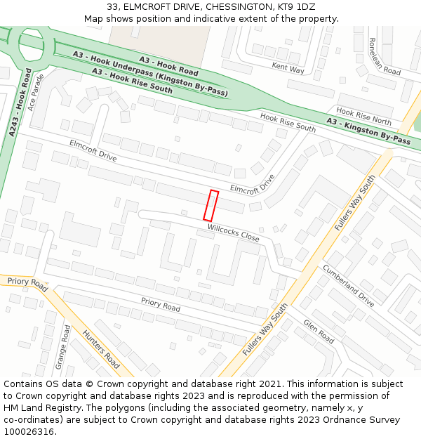 33, ELMCROFT DRIVE, CHESSINGTON, KT9 1DZ: Location map and indicative extent of plot
