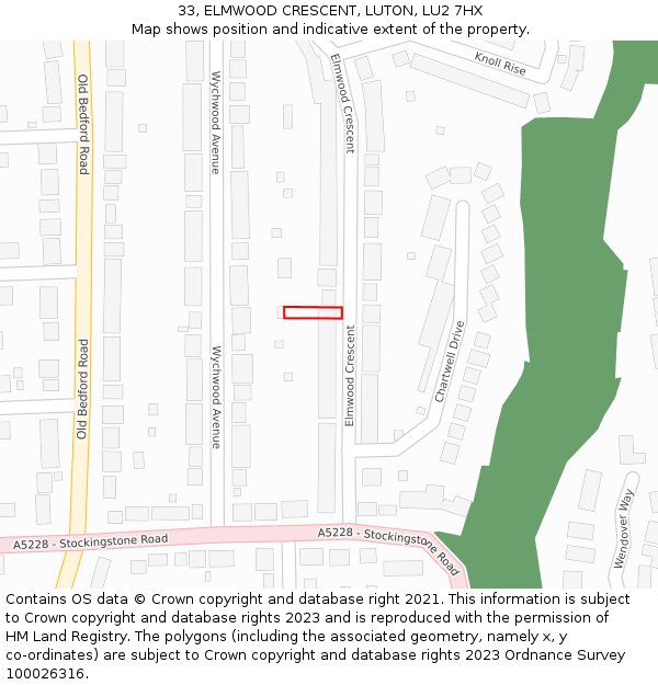 33, ELMWOOD CRESCENT, LUTON, LU2 7HX: Location map and indicative extent of plot