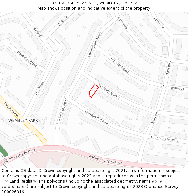 33, EVERSLEY AVENUE, WEMBLEY, HA9 9JZ: Location map and indicative extent of plot