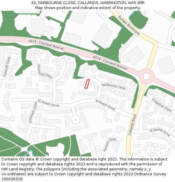 33, FAIRBOURNE CLOSE, CALLANDS, WARRINGTON, WA5 9RR: Location map and indicative extent of plot