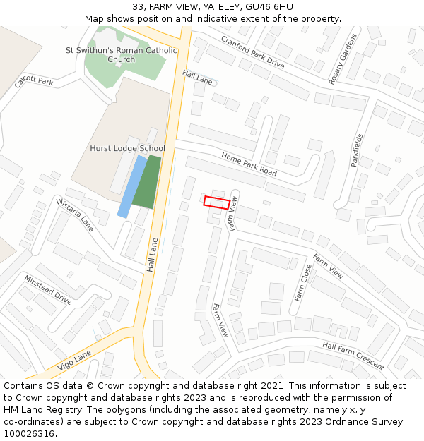 33, FARM VIEW, YATELEY, GU46 6HU: Location map and indicative extent of plot