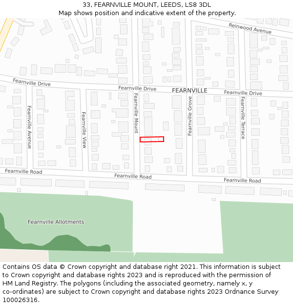 33, FEARNVILLE MOUNT, LEEDS, LS8 3DL: Location map and indicative extent of plot