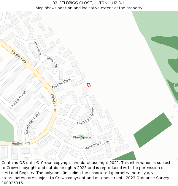 33, FELBRIGG CLOSE, LUTON, LU2 8UL: Location map and indicative extent of plot