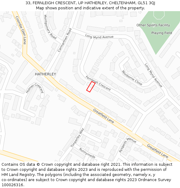 33, FERNLEIGH CRESCENT, UP HATHERLEY, CHELTENHAM, GL51 3QJ: Location map and indicative extent of plot