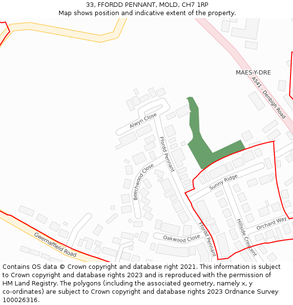 33, FFORDD PENNANT, MOLD, CH7 1RP: Location map and indicative extent of plot