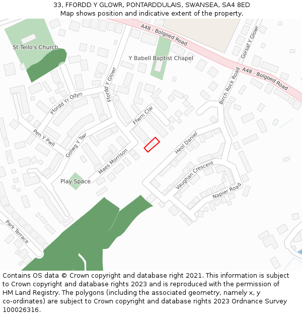 33, FFORDD Y GLOWR, PONTARDDULAIS, SWANSEA, SA4 8ED: Location map and indicative extent of plot