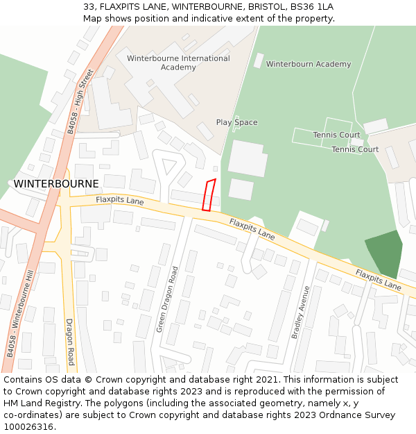 33, FLAXPITS LANE, WINTERBOURNE, BRISTOL, BS36 1LA: Location map and indicative extent of plot