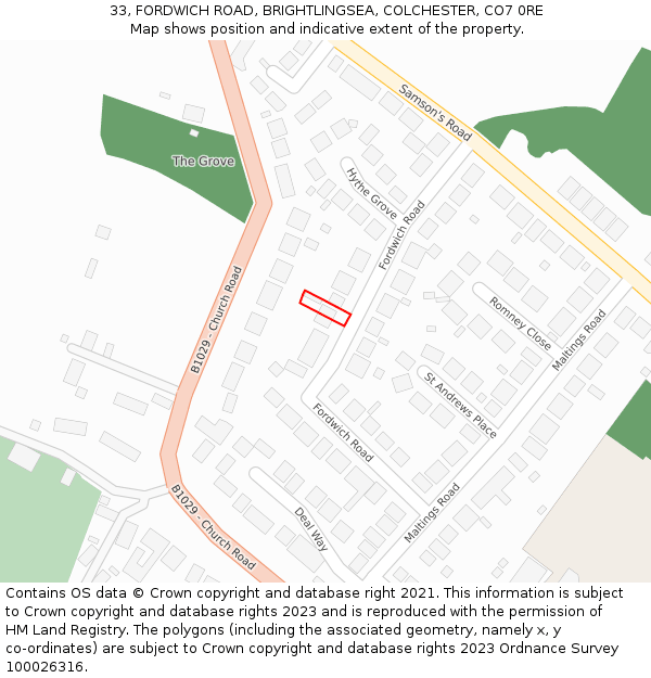 33, FORDWICH ROAD, BRIGHTLINGSEA, COLCHESTER, CO7 0RE: Location map and indicative extent of plot