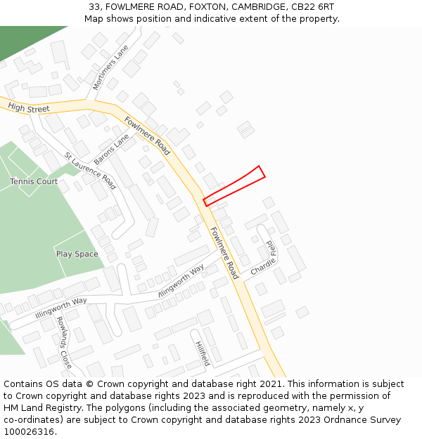 33, FOWLMERE ROAD, FOXTON, CAMBRIDGE, CB22 6RT: Location map and indicative extent of plot