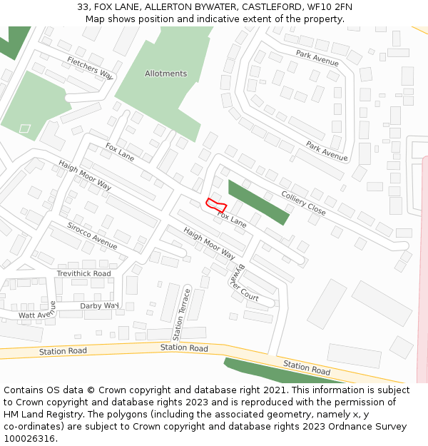 33, FOX LANE, ALLERTON BYWATER, CASTLEFORD, WF10 2FN: Location map and indicative extent of plot
