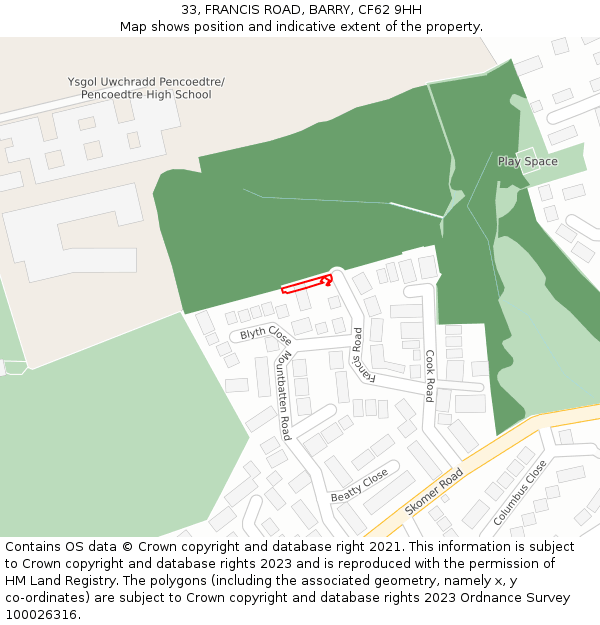 33, FRANCIS ROAD, BARRY, CF62 9HH: Location map and indicative extent of plot