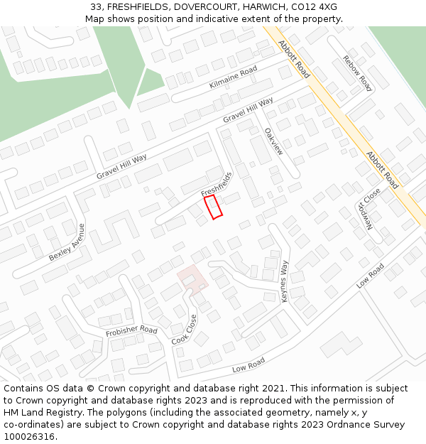 33, FRESHFIELDS, DOVERCOURT, HARWICH, CO12 4XG: Location map and indicative extent of plot