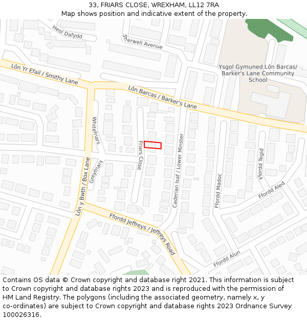 33, FRIARS CLOSE, WREXHAM, LL12 7RA: Location map and indicative extent of plot
