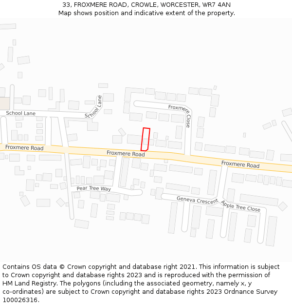 33, FROXMERE ROAD, CROWLE, WORCESTER, WR7 4AN: Location map and indicative extent of plot