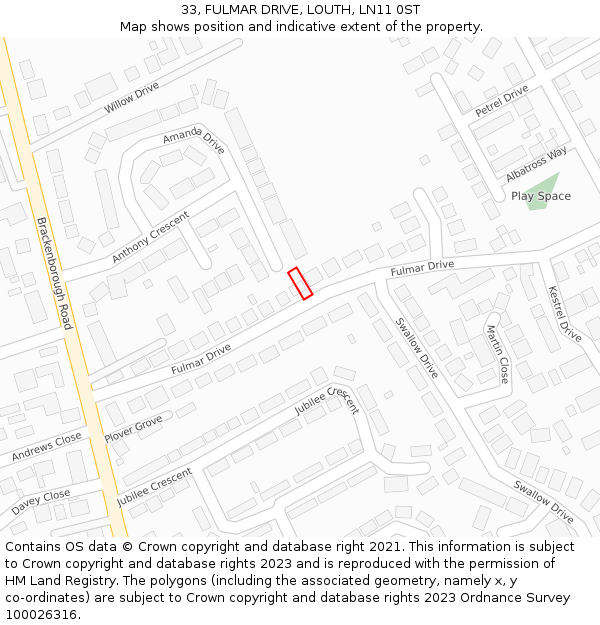 33, FULMAR DRIVE, LOUTH, LN11 0ST: Location map and indicative extent of plot