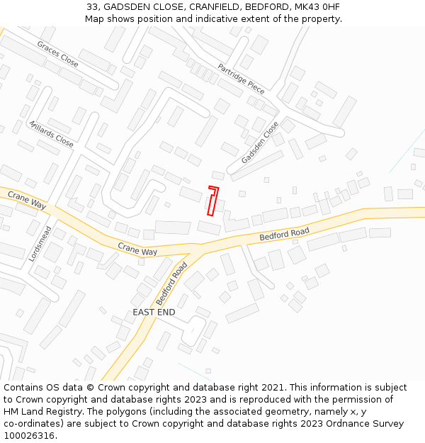 33, GADSDEN CLOSE, CRANFIELD, BEDFORD, MK43 0HF: Location map and indicative extent of plot