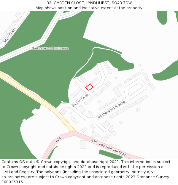 33, GARDEN CLOSE, LYNDHURST, SO43 7DW: Location map and indicative extent of plot