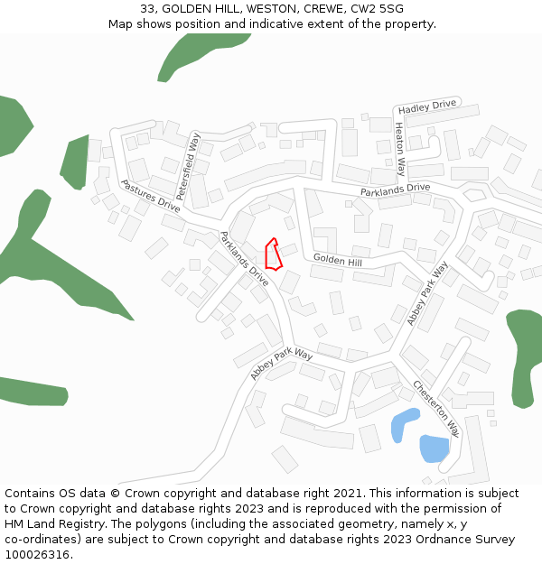 33, GOLDEN HILL, WESTON, CREWE, CW2 5SG: Location map and indicative extent of plot