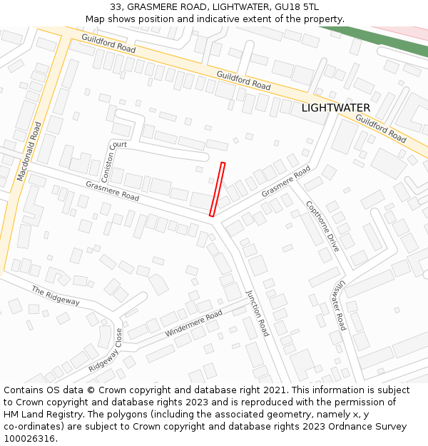 33, GRASMERE ROAD, LIGHTWATER, GU18 5TL: Location map and indicative extent of plot