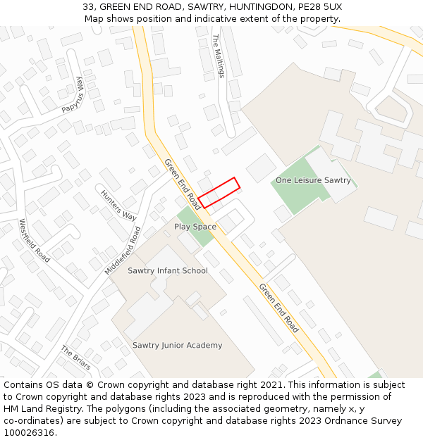 33, GREEN END ROAD, SAWTRY, HUNTINGDON, PE28 5UX: Location map and indicative extent of plot