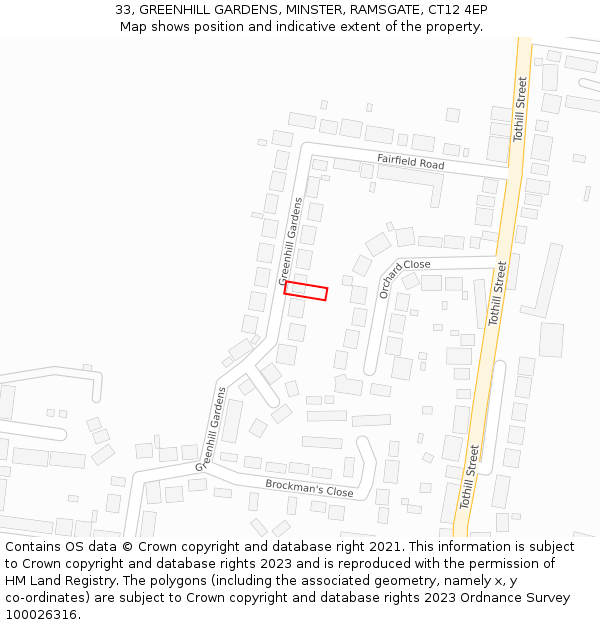 33, GREENHILL GARDENS, MINSTER, RAMSGATE, CT12 4EP: Location map and indicative extent of plot