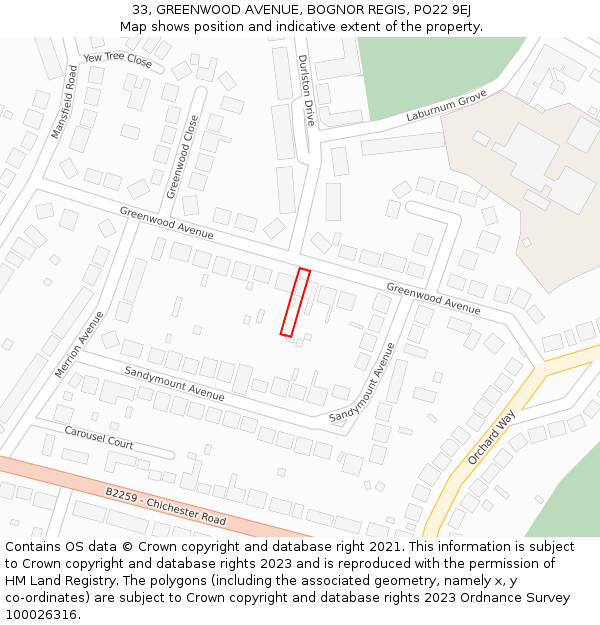 33, GREENWOOD AVENUE, BOGNOR REGIS, PO22 9EJ: Location map and indicative extent of plot