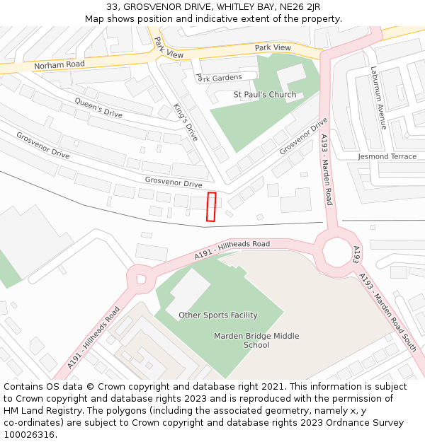 33, GROSVENOR DRIVE, WHITLEY BAY, NE26 2JR: Location map and indicative extent of plot