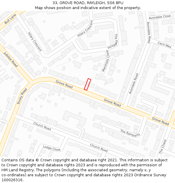 33, GROVE ROAD, RAYLEIGH, SS6 8PU: Location map and indicative extent of plot