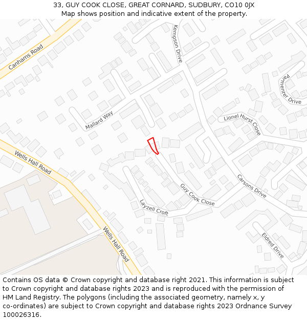33, GUY COOK CLOSE, GREAT CORNARD, SUDBURY, CO10 0JX: Location map and indicative extent of plot