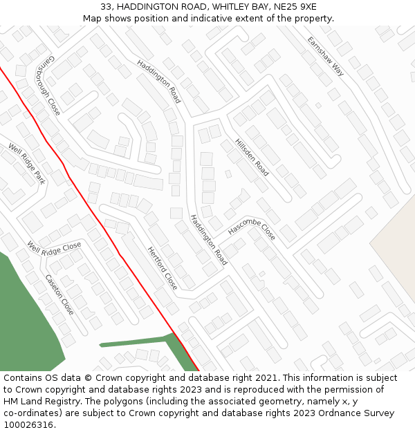 33, HADDINGTON ROAD, WHITLEY BAY, NE25 9XE: Location map and indicative extent of plot